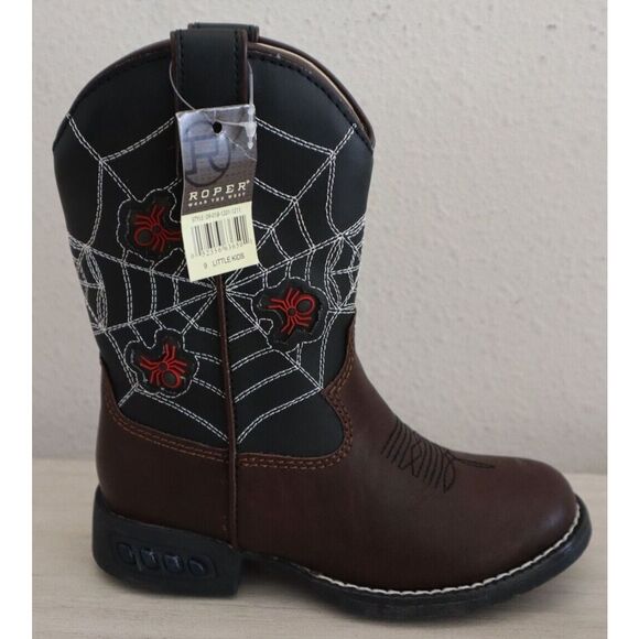 Roper Little Kids Sz 9M Brown Faux Leather Spider Web Light-Up Western Boots - Picture 7 of 16